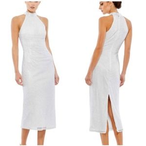 Mac Duggal Embellished Halter Neck White Midi Sheath Dress Size 6 NWT